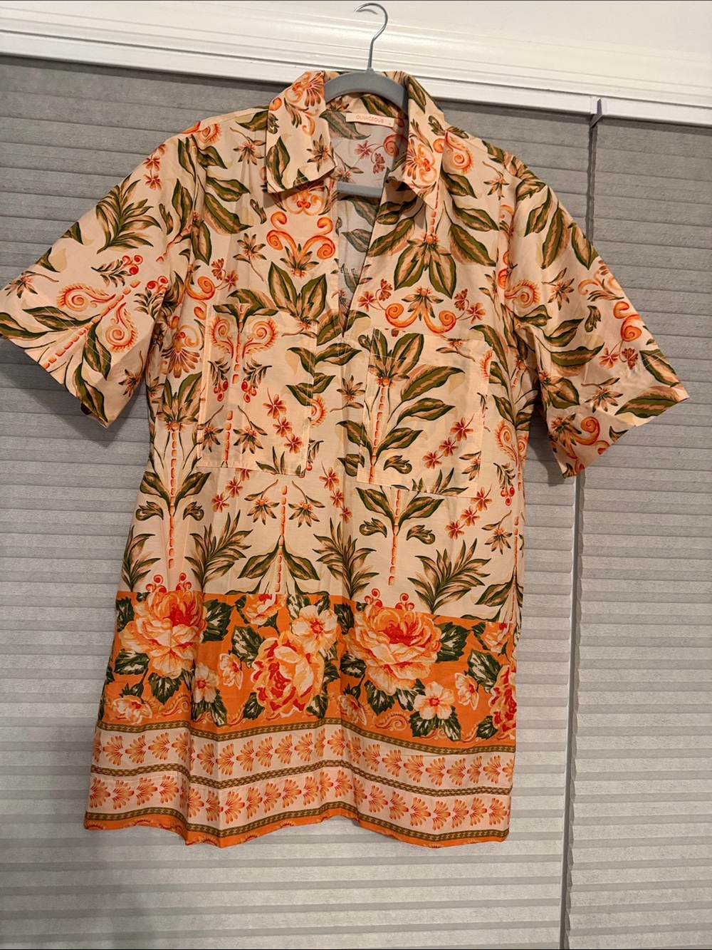 NEVER WORN Olivaceous Peach Floral Midi Dress with Green Leaf Print